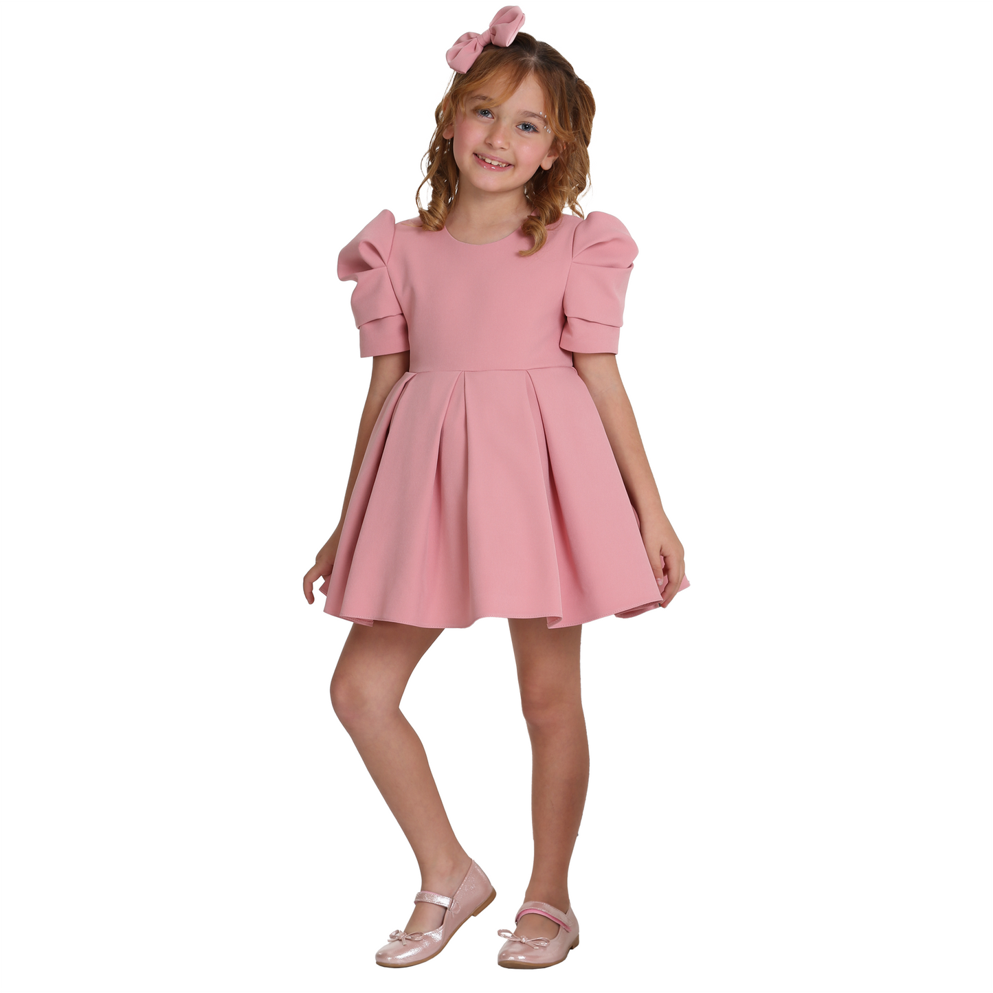 girl facing forward, wearing pink puff dress by laftakids