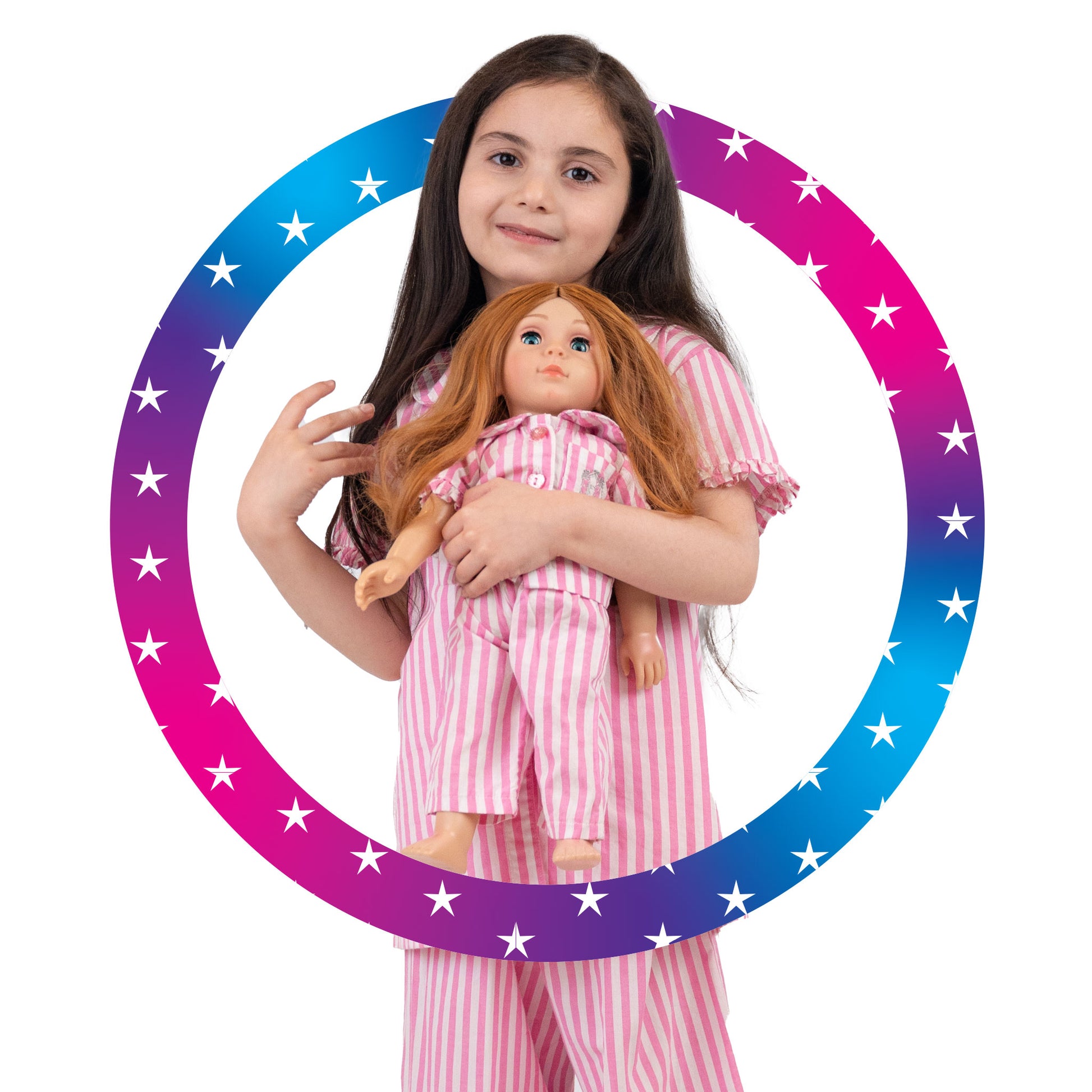 Girl holding Mais, The little Me Doll, facing forwards and both wearing matching pink and white stripped Long pajamas by laftakids