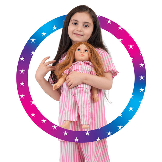 Girl holding Mais, The little Me Doll, facing forwards and both wearing matching pink and white stripped Long pajamas by laftakids