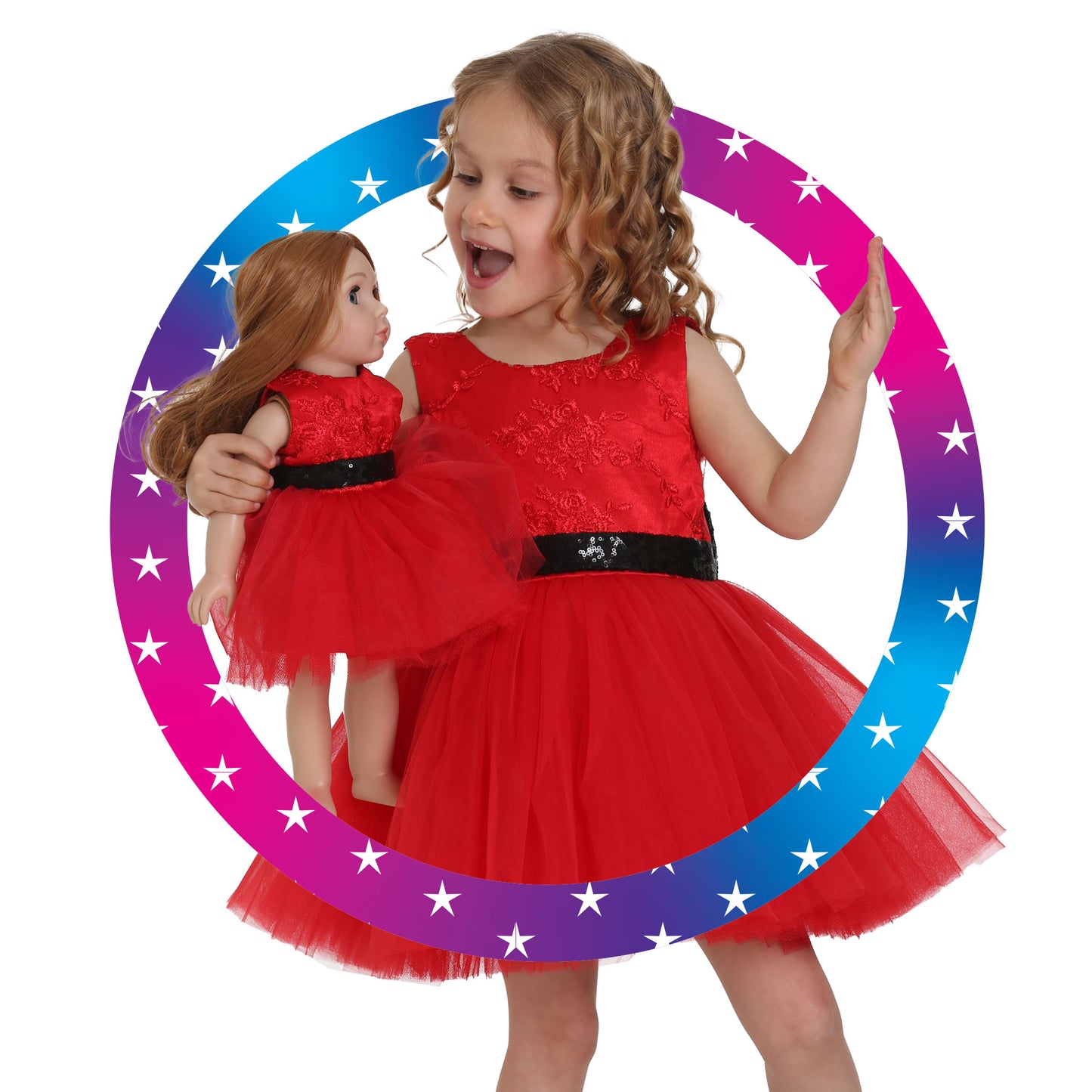 Girl holding Mais, the Little Me Doll both wearing matching Red dress with black sparkling belt, facing forward and looking at each other