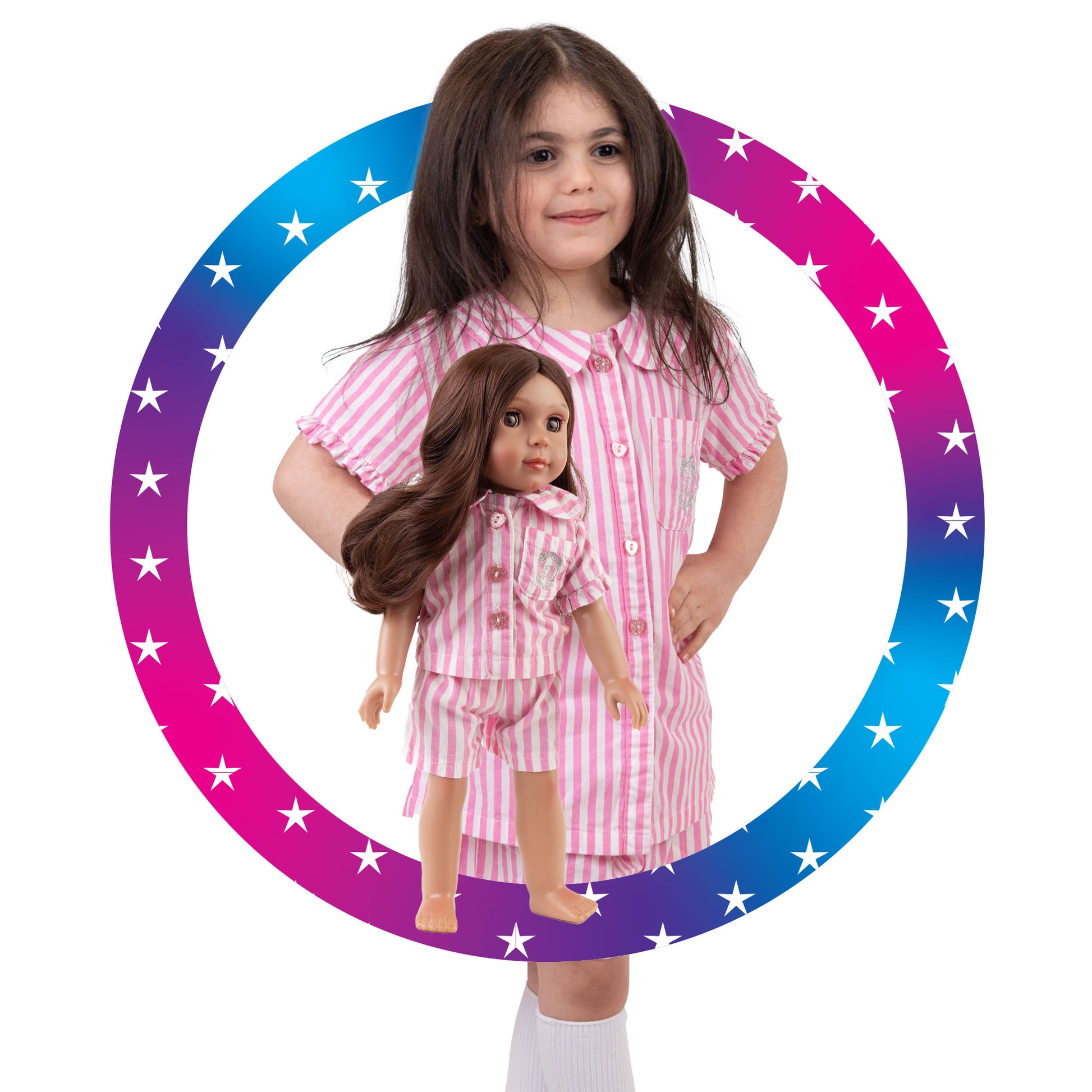 Girl wearing LaftaKids pink and white stripped short pajamas while holding Yasmeen, The Little Me Doll, who is also wearing her pink and white stripped short pajamas