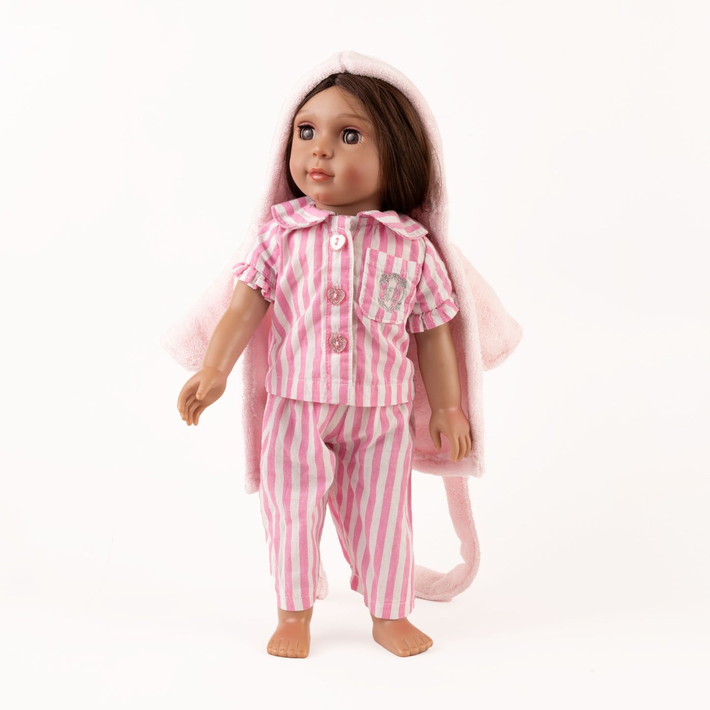 Yasmeen, the Little Me Doll, wearing pink and white stripped Long Pajamas and pink robe, facing slightly to the left 