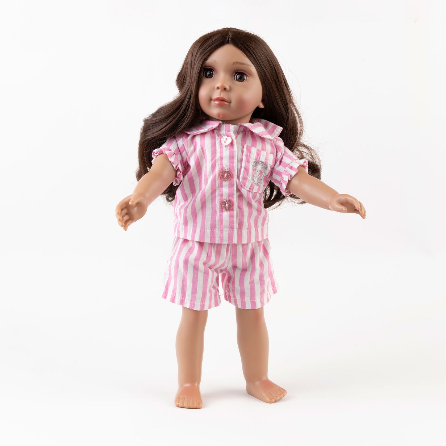 Picture of Yasmeen, The Little Me Doll, Wearing pink and white stripped pajamas, facing forwards