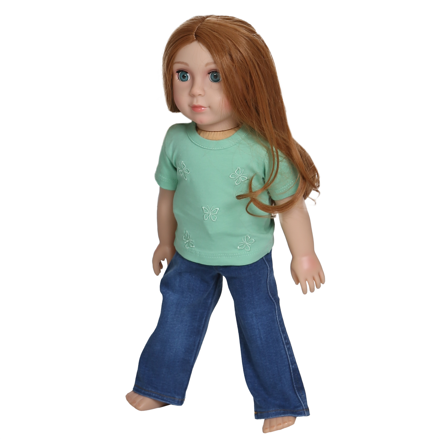 Mais, the Little me Doll wearing LaftaKids clothing, casual green top with butterfly patterns and jeans facing slightly to the left