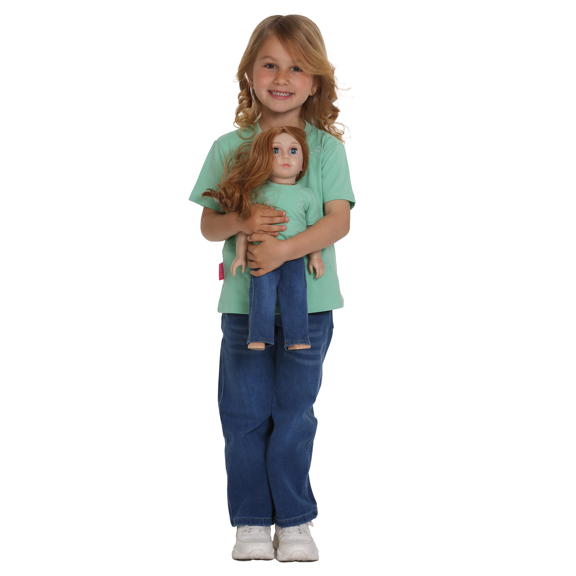 Girl holding her Little Me Doll both wearing LaftaKids clothing 