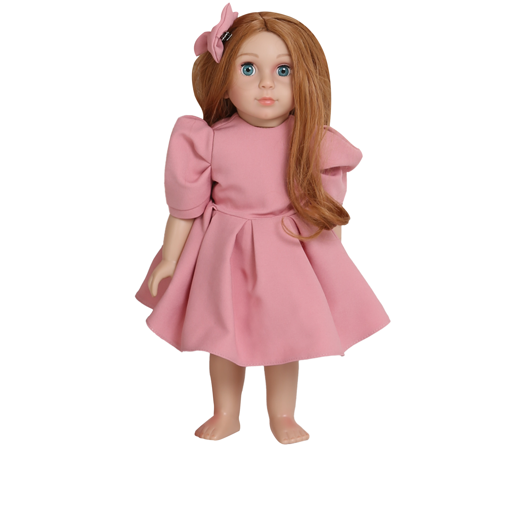 Mais, the Little me doll by laftakids wearing her pink puff dress and pink bow tie in her hair, facing forward