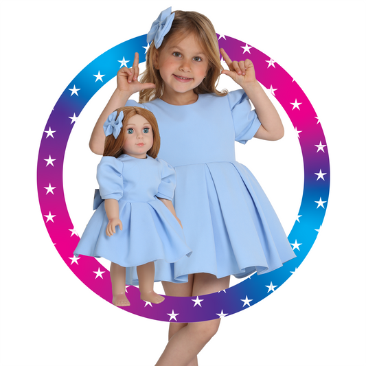 Doll set with blue puffy dress by lafta kids, facing front