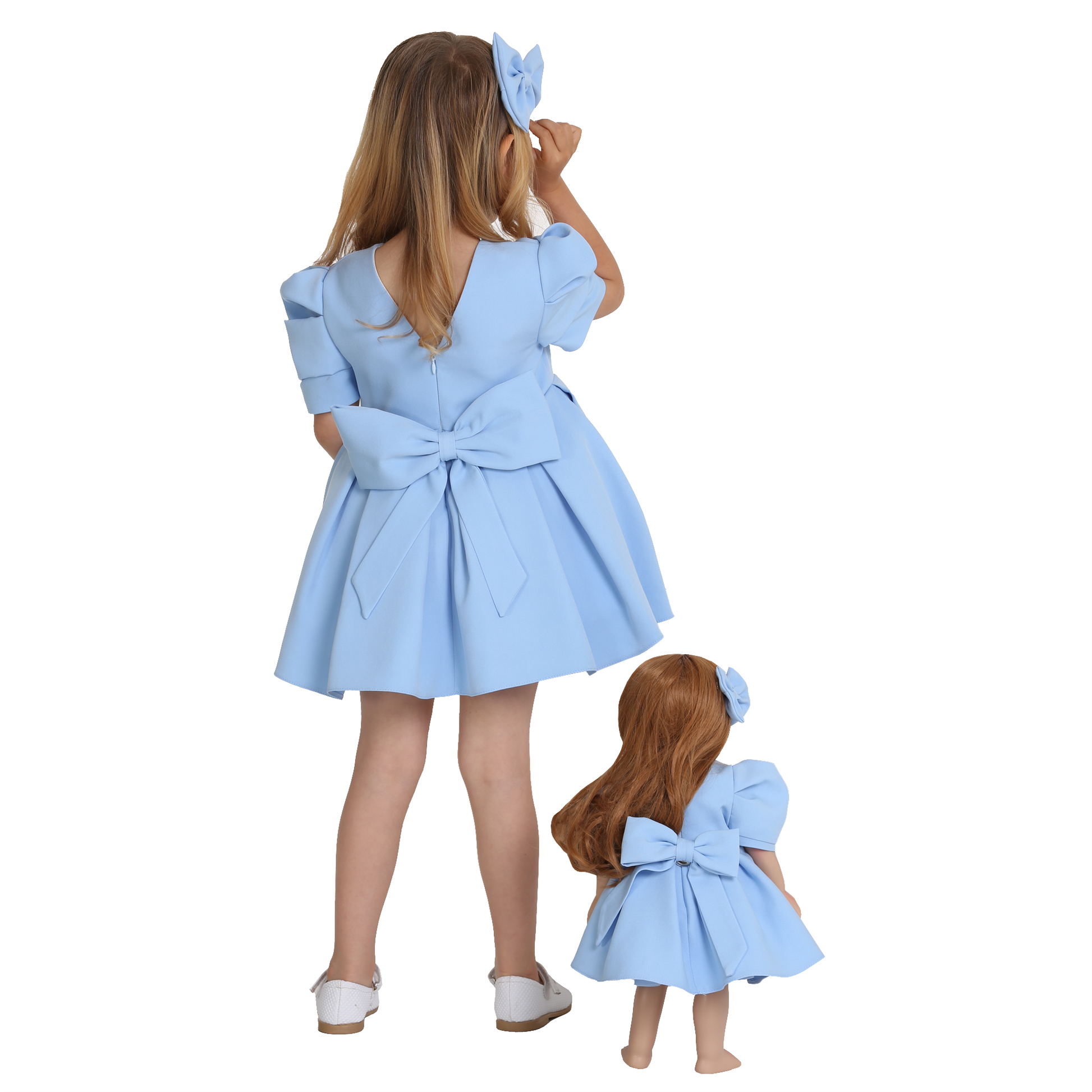 Doll set blue puffy dress with bow on back by lafta kids, facing back